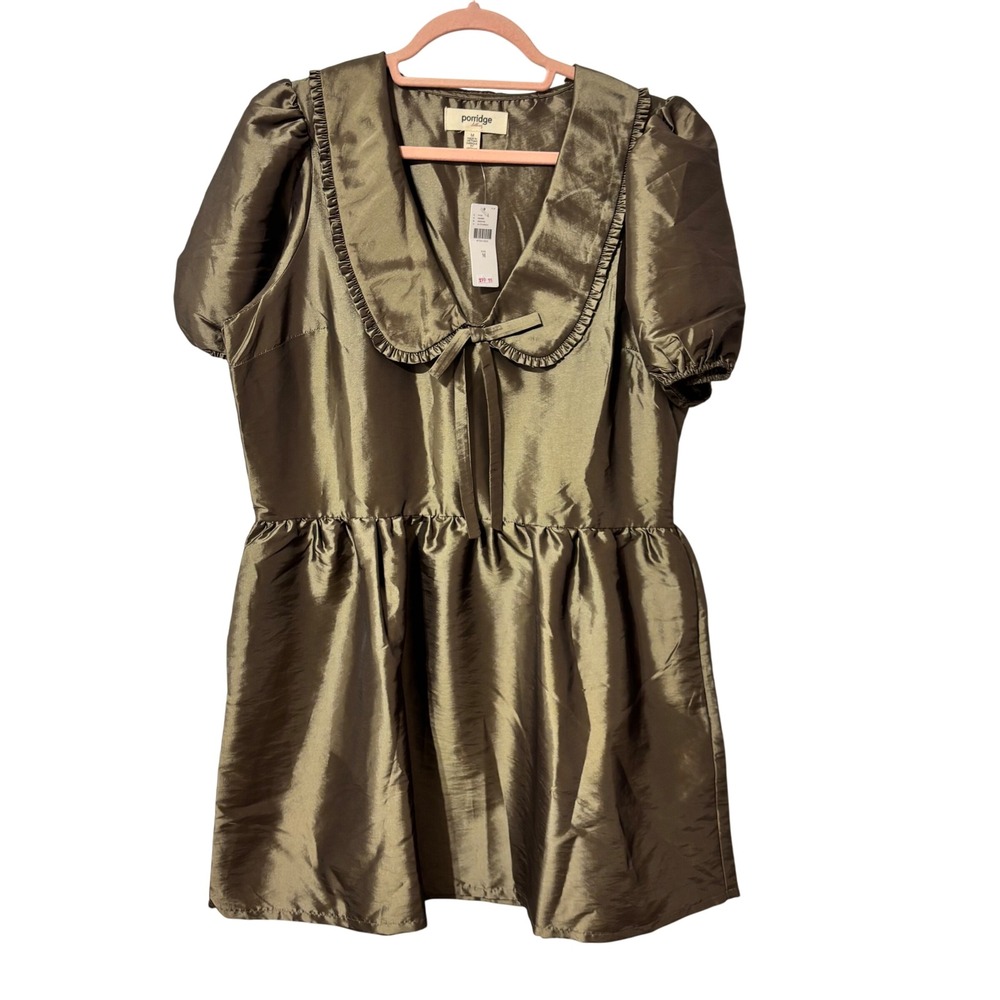 Porridge Anthropologie Taffeta Mini Dress Olive Bronze Puff Sleeve Peter Pan M